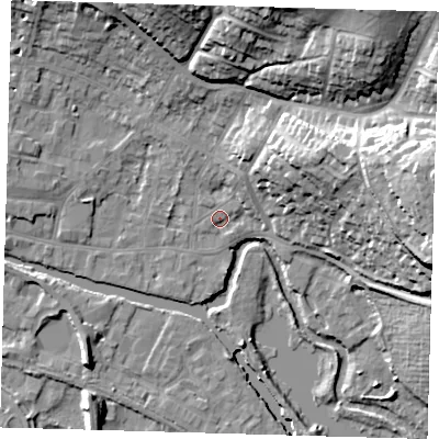 Shaded relief map of the ground around SG127AJ, computed from Environment Agency LiDAR. The ground here sits at about 33 m above sea level and falls 31 m across the surrounding 800 m. Surface water reaching this point runs off ground lying to the east-north-east, 28.4 m higher.