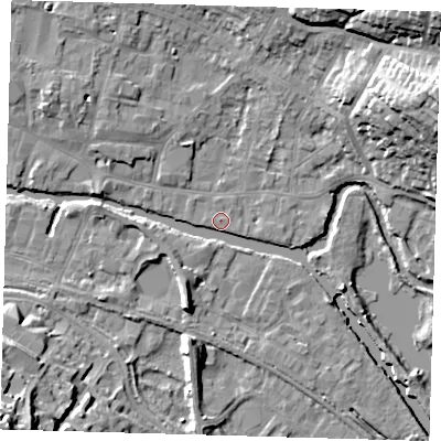 Shaded relief map of the ground around SG127AL, computed from Environment Agency LiDAR. The ground here sits at about 33 m above sea level and falls 26 m across the surrounding 800 m. Surface water reaching this point runs off ground lying to the south-south-west, 5.6 m higher.