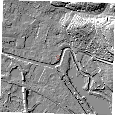 Shaded relief map of the ground around SG127AN, computed from Environment Agency LiDAR. The ground here sits at about 33 m above sea level and falls 31 m across the surrounding 800 m. Surface water reaching this point runs off ground lying to the south-west, 7.2 m higher.