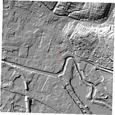 Shaded relief map of the ground around SG127AQ, computed from Environment Agency LiDAR. The ground here sits at about 32 m above sea level and falls 30 m across the surrounding 800 m. Surface water reaching this point runs off ground lying to the east-north-east, 28.2 m higher.