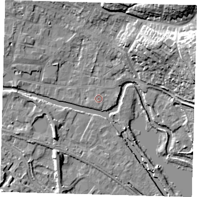 Shaded relief map of the ground around SG127AR, computed from Environment Agency LiDAR. The ground here sits at about 33 m above sea level and falls 28 m across the surrounding 800 m. Surface water reaching this point runs off ground lying to the south, 1.0 m higher.