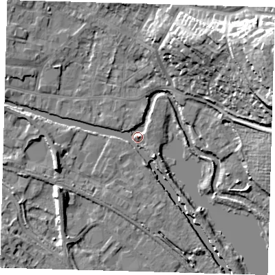 Shaded relief map of the ground around SG127AW, computed from Environment Agency LiDAR. The ground here sits at about 33 m above sea level and falls 31 m across the surrounding 800 m. Surface water reaching this point runs off ground lying to the west-south-west, 7.1 m higher.
