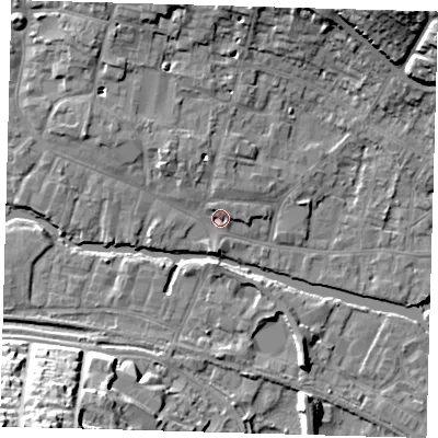 Shaded relief map of the ground around SG127BP, computed from Environment Agency LiDAR. The ground here sits at about 34 m above sea level and falls 27 m across the surrounding 800 m. Surface water reaching this point runs off ground lying to the north, 2.8 m higher.