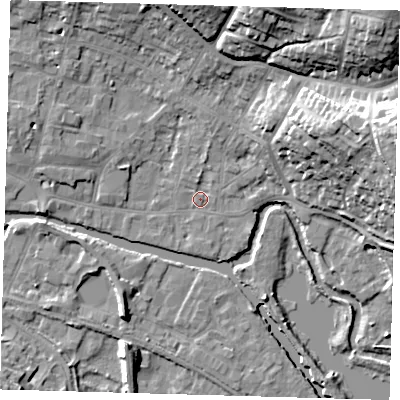 Shaded relief map of the ground around SG127BW, computed from Environment Agency LiDAR. The ground here sits at about 33 m above sea level and falls 28 m across the surrounding 800 m. Surface water reaching this point runs off ground lying to the north-north-west, 9.9 m higher.