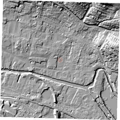 Shaded relief map of the ground around SG127EA, computed from Environment Agency LiDAR. The ground here sits at about 33 m above sea level and falls 28 m across the surrounding 800 m. Surface water reaching this point runs off ground lying to the west-north-west, 2.2 m higher.