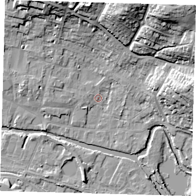 Shaded relief map of the ground around SG127EG, computed from Environment Agency LiDAR. The ground here sits at about 33 m above sea level and falls 33 m across the surrounding 800 m. Surface water reaching this point runs off ground lying to the west, 2.1 m higher.