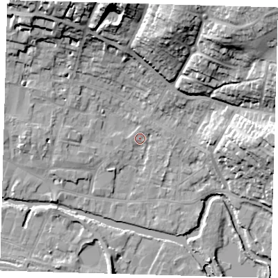 Shaded relief map of the ground around SG127EQ, computed from Environment Agency LiDAR. The ground here sits at about 33 m above sea level and falls 35 m across the surrounding 800 m. Surface water reaching this point runs off ground lying to the north, 24.0 m higher.