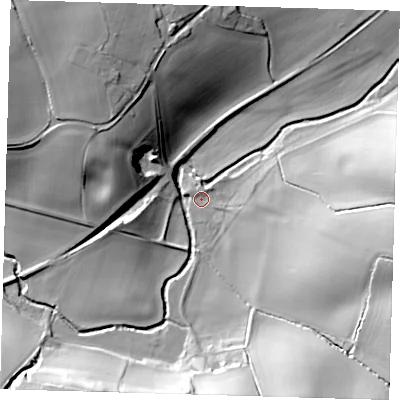 Shaded relief map of the ground around SG127QN, computed from Environment Agency LiDAR. The ground here sits at about 37 m above sea level and falls 32 m across the surrounding 800 m. Surface water reaching this point runs off ground lying to the east-south-east, 18.4 m higher.