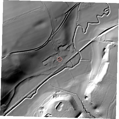 Shaded relief map of the ground around SG127QQ, computed from Environment Agency LiDAR. The ground here sits at about 37 m above sea level and falls 29 m across the surrounding 800 m. Surface water reaching this point runs off ground lying to the north-west, 12.3 m higher.