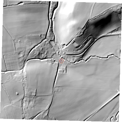 Shaded relief map of the ground around SG127QX, computed from Environment Agency LiDAR. The ground here sits at about 43 m above sea level and falls 29 m across the surrounding 800 m. Surface water reaching this point runs off ground lying to the north-north-east, 23.0 m higher.