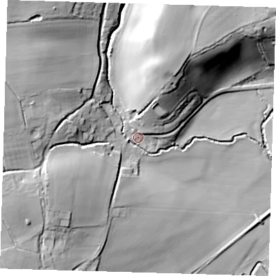 Shaded relief map of the ground around SG127QY, computed from Environment Agency LiDAR. The ground here sits at about 44 m above sea level and falls 29 m across the surrounding 800 m. Surface water reaching this point runs off ground lying to the north-north-east, 23.0 m higher.