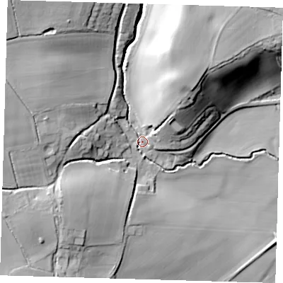 Shaded relief map of the ground around SG127RH, computed from Environment Agency LiDAR. The ground here sits at about 44 m above sea level and falls 28 m across the surrounding 800 m. Surface water reaching this point runs off ground lying to the north-west, 24.0 m higher.