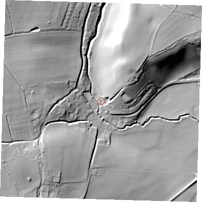 Shaded relief map of the ground around SG127RJ, computed from Environment Agency LiDAR. The ground here sits at about 44 m above sea level and falls 28 m across the surrounding 800 m. Surface water reaching this point runs off ground lying to the north-west, 24.2 m higher.