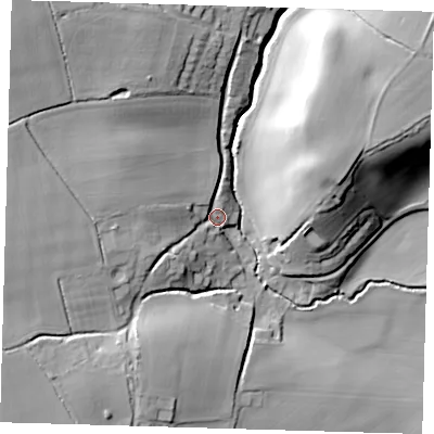 Shaded relief map of the ground around SG127RP, computed from Environment Agency LiDAR. The ground here sits at about 48 m above sea level and falls 31 m across the surrounding 800 m. Surface water reaching this point runs off ground lying to the west-north-west, 20.2 m higher.