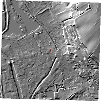Shaded relief map of the ground around SG128AA, computed from Environment Agency LiDAR. The ground here sits at about 30 m above sea level and falls 35 m across the surrounding 800 m. Surface water reaching this point runs off ground lying to the east-south-east, 1.5 m higher.