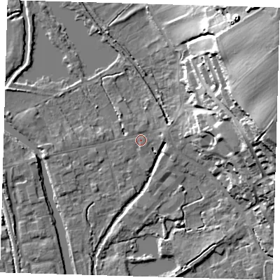 Shaded relief map of the ground around SG128AB, computed from Environment Agency LiDAR. The ground here sits at about 30 m above sea level and falls 35 m across the surrounding 800 m. Surface water reaching this point runs off ground lying to the east, 1.4 m higher.