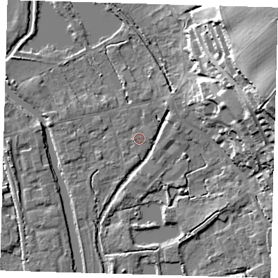 Shaded relief map of the ground around SG128AD, computed from Environment Agency LiDAR. The ground here sits at about 29 m above sea level and falls 34 m across the surrounding 800 m. Surface water reaching this point runs off ground lying to the north-north-east, 1.1 m higher.