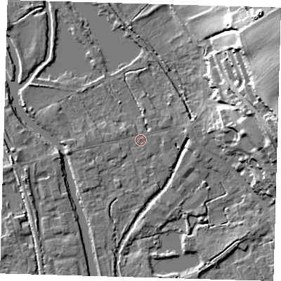 Shaded relief map of the ground around SG128AE, computed from Environment Agency LiDAR. The ground here sits at about 29 m above sea level and falls 32 m across the surrounding 800 m. Surface water reaching this point runs off ground lying to the east, 1.7 m higher.