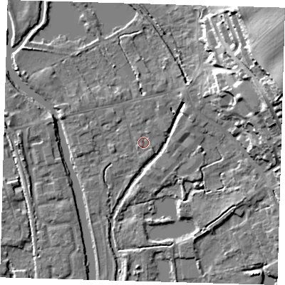 Shaded relief map of the ground around SG128AF, computed from Environment Agency LiDAR. The ground here sits at about 29 m above sea level and falls 33 m across the surrounding 800 m. Surface water reaching this point runs off ground lying to the north-north-east, 1.1 m higher.
