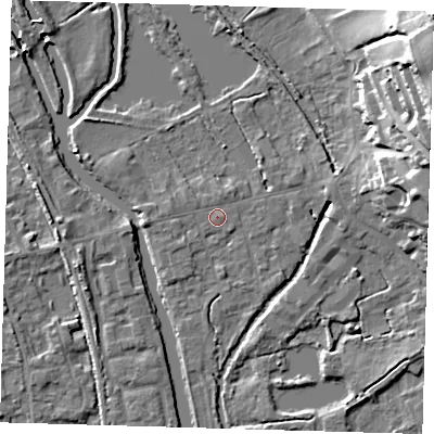 Shaded relief map of the ground around SG128AG, computed from Environment Agency LiDAR. The ground here sits at about 30 m above sea level and falls 29 m across the surrounding 800 m. Surface water reaching this point runs off ground lying to the north-north-east, 0.7 m higher.