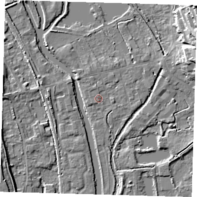 Shaded relief map of the ground around SG128AH, computed from Environment Agency LiDAR. The ground here sits at about 30 m above sea level and falls 23 m across the surrounding 800 m. Surface water reaching this point runs off ground lying to the north-north-west, 1.3 m higher.