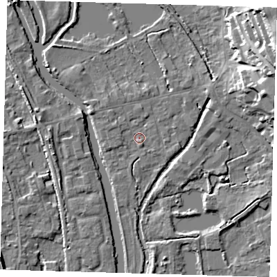 Shaded relief map of the ground around SG128AJ, computed from Environment Agency LiDAR. The ground here sits at about 29 m above sea level and falls 28 m across the surrounding 800 m. Surface water reaching this point runs off ground lying to the west-north-west, 1.5 m higher.