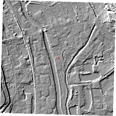 Shaded relief map of the ground around SG128AL, computed from Environment Agency LiDAR. The ground here sits at about 29 m above sea level and falls 15 m across the surrounding 800 m. Surface water reaching this point runs off ground lying to the north, 1.1 m higher.