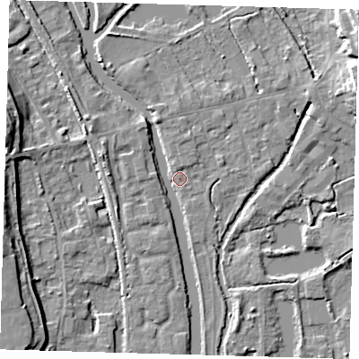 Shaded relief map of the ground around SG128AP, computed from Environment Agency LiDAR. The ground here sits at about 29 m above sea level and falls 13 m across the surrounding 800 m. Surface water reaching this point runs off ground lying to the west-north-west, 4.0 m higher.