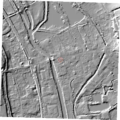 Shaded relief map of the ground around SG128AQ, computed from Environment Agency LiDAR. The ground here sits at about 30 m above sea level and falls 17 m across the surrounding 800 m. Surface water reaching this point runs off ground lying to the south-south-east, 1.1 m higher.