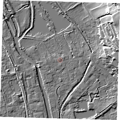 Shaded relief map of the ground around SG128AS, computed from Environment Agency LiDAR. The ground here sits at about 30 m above sea level and falls 29 m across the surrounding 800 m. Surface water reaching this point runs off ground lying to the north-east, 0.7 m higher.