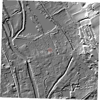 Shaded relief map of the ground around SG128AT, computed from Environment Agency LiDAR. The ground here sits at about 29 m above sea level and falls 32 m across the surrounding 800 m. Surface water reaching this point runs off ground lying to the east-south-east, 2.3 m higher.