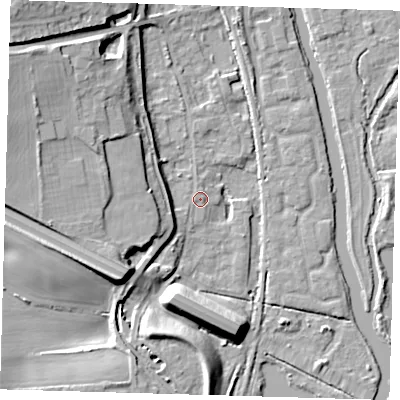 Shaded relief map of the ground around SG128AW, computed from Environment Agency LiDAR. The ground here sits at about 30 m above sea level and falls 17 m across the surrounding 800 m. The ground contributing surface water to this point lies to the west-south-west.