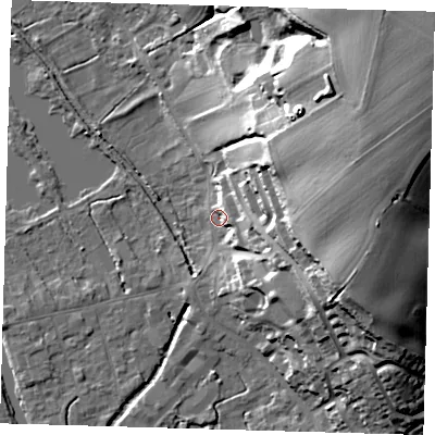 Shaded relief map of the ground around SG128BU, computed from Environment Agency LiDAR. The ground here sits at about 31 m above sea level and falls 35 m across the surrounding 800 m. Surface water reaching this point runs off ground lying to the east-north-east, 31.9 m higher.
