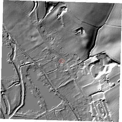 Shaded relief map of the ground around SG128BY, computed from Environment Agency LiDAR. The ground here sits at about 30 m above sea level and falls 34 m across the surrounding 800 m. Surface water reaching this point runs off ground lying to the north-east, 24.8 m higher.