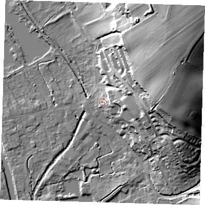 Shaded relief map of the ground around SG128BZ, computed from Environment Agency LiDAR. The ground here sits at about 32 m above sea level and falls 35 m across the surrounding 800 m. Surface water reaching this point runs off ground lying to the east-north-east, 15.6 m higher.