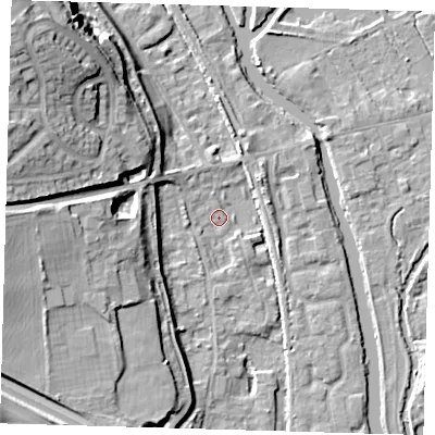 Shaded relief map of the ground around SG128DE, computed from Environment Agency LiDAR. The ground here sits at about 29 m above sea level and falls 20 m across the surrounding 800 m. Surface water reaching this point runs off ground lying to the west, 14.5 m higher.