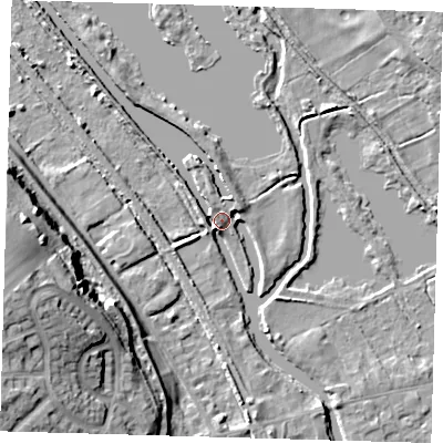 Shaded relief map of the ground around SG128DR, computed from Environment Agency LiDAR. The ground here sits at about 30 m above sea level and falls 20 m across the surrounding 800 m. Surface water reaching this point runs off ground lying to the south, 3.7 m higher.