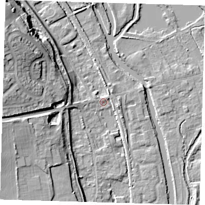 Shaded relief map of the ground around SG128DT, computed from Environment Agency LiDAR. The ground here sits at about 30 m above sea level and falls 20 m across the surrounding 800 m. Surface water reaching this point runs off ground lying to the north-north-east, 1.1 m higher.