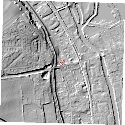 Shaded relief map of the ground around SG128DU, computed from Environment Agency LiDAR. The ground here sits at about 30 m above sea level and falls 21 m across the surrounding 800 m. Surface water reaching this point runs off ground lying to the north-west, 19.3 m higher.