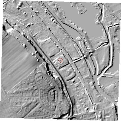 Shaded relief map of the ground around SG128DW, computed from Environment Agency LiDAR. The ground here sits at about 31 m above sea level and falls 24 m across the surrounding 800 m. Surface water reaching this point runs off ground lying to the east, 1.0 m higher.