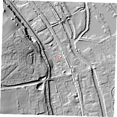 Shaded relief map of the ground around SG128DY, computed from Environment Agency LiDAR. The ground here sits at about 29 m above sea level and falls 20 m across the surrounding 800 m. Surface water reaching this point runs off ground lying to the west-north-west, 19.3 m higher.