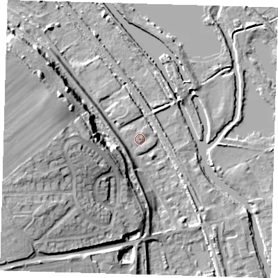 Shaded relief map of the ground around SG128DZ, computed from Environment Agency LiDAR. The ground here sits at about 30 m above sea level and falls 22 m across the surrounding 800 m. Surface water reaching this point runs off ground lying to the west, 20.3 m higher.