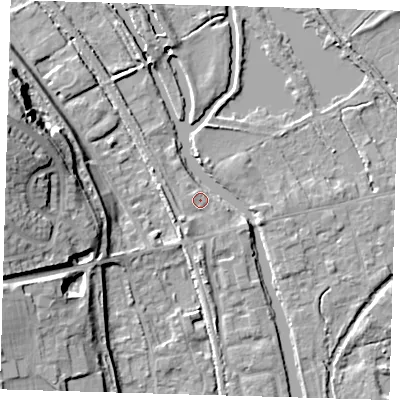 Shaded relief map of the ground around SG128EE, computed from Environment Agency LiDAR. The ground here sits at about 30 m above sea level and falls 18 m across the surrounding 800 m. Surface water reaching this point runs off ground lying to the south-west, 2.2 m higher.