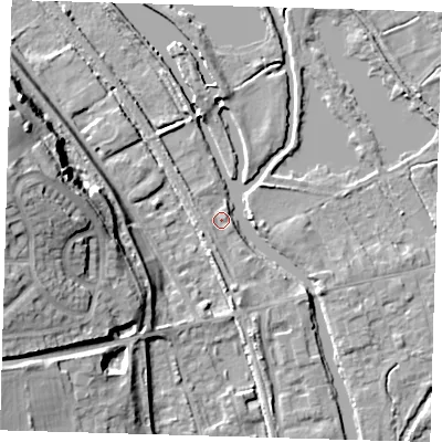 Shaded relief map of the ground around SG128EF, computed from Environment Agency LiDAR. The ground here sits at about 30 m above sea level and falls 20 m across the surrounding 800 m. Surface water reaching this point runs off ground lying to the south-south-east, 3.7 m higher.