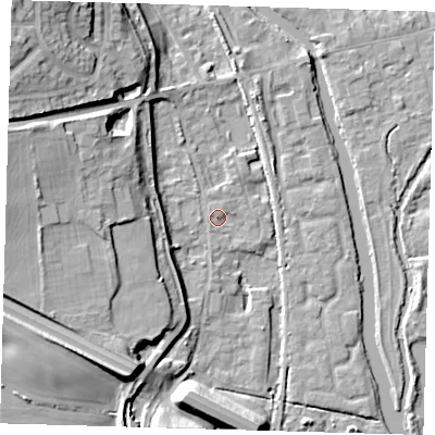 Shaded relief map of the ground around SG128EQ, computed from Environment Agency LiDAR. The ground here sits at about 30 m above sea level and falls 18 m across the surrounding 800 m. Surface water reaching this point runs off ground lying to the west-north-west, 12.8 m higher.