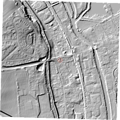 Shaded relief map of the ground around SG128ET, computed from Environment Agency LiDAR. The ground here sits at about 30 m above sea level and falls 20 m across the surrounding 800 m. Surface water reaching this point runs off ground lying to the west, 16.5 m higher.