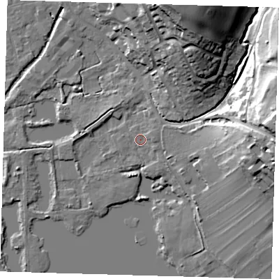 Shaded relief map of the ground around SG128EX, computed from Environment Agency LiDAR. The ground here sits at about 30 m above sea level and falls 30 m across the surrounding 800 m. Surface water reaching this point runs off ground lying to the north-east, 2.0 m higher.