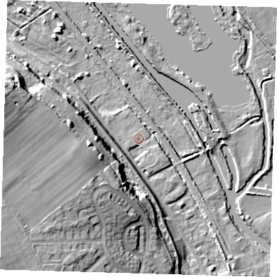 Shaded relief map of the ground around SG128FB, computed from Environment Agency LiDAR. The ground here sits at about 30 m above sea level and falls 26 m across the surrounding 800 m. Surface water reaching this point runs off ground lying to the south-south-west, 4.7 m higher.