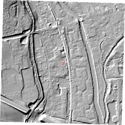 Shaded relief map of the ground around SG128GA, computed from Environment Agency LiDAR. The ground here sits at about 29 m above sea level and falls 17 m across the surrounding 800 m. Surface water reaching this point runs off ground lying to the west, 2.2 m higher.