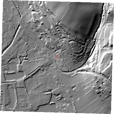 Shaded relief map of the ground around SG128HA, computed from Environment Agency LiDAR. The ground here sits at about 32 m above sea level and falls 34 m across the surrounding 800 m. Surface water reaching this point runs off ground lying to the east-north-east, 4.3 m higher.